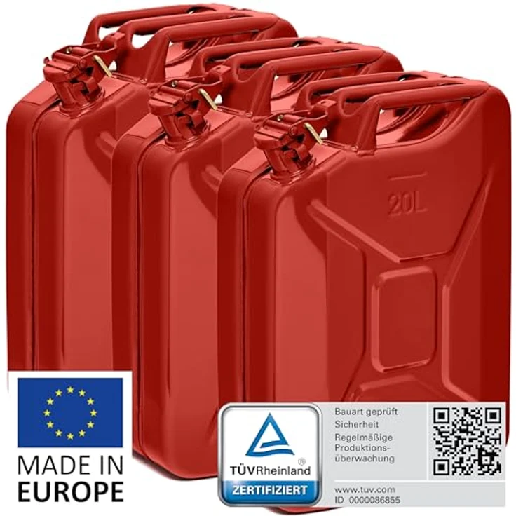 BW® Benzinkanister Metall 3x 20 Liter, TÜV-geprüfter Kraftstoffkanister Rot RAL 3000 aus 0,9mm Stahl für Benzin, Diesel, E10 und 2-Takt - Made in Europe – Bild 2