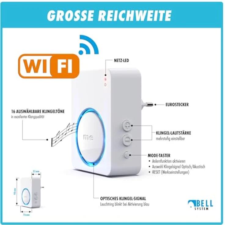 m-e Funk-Empfänger WIFI für die Steckdose, Türklingel mit 8 Klingeltönen und LED-Anzeige, modular erweiterbar – Bild 2