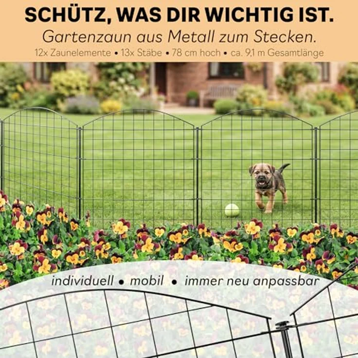 V2Aox Zaun Steckzaun für Garten und Teich, 18 Elemente, 78 cm hoch, schwarzer Metall Hundezaun mit 6 x 6 cm Maschenweite – Bild 2
