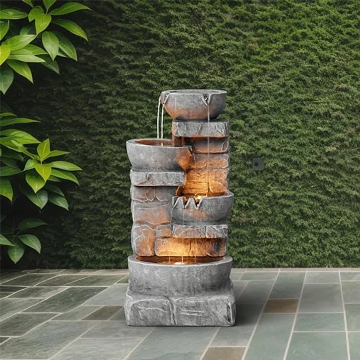 Teamson Home Gartenbrunnen Cascading Bowls, dreistufiges Wasserspiel mit LED-Leuchten, naturgetreue Steinoptik, 39,4 cm L x 38,7 cm B x 84,5 cm H – Bild 5