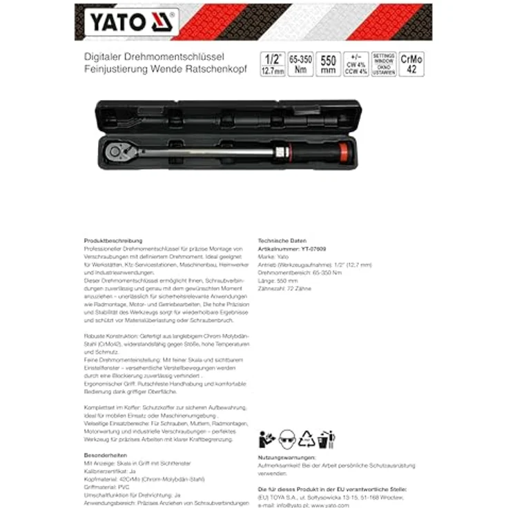 Yato Drehmomentschlüssel KLUCZ DYNAMOMETRYCZNY 1/2" 65-350Nm, präzise Drehmoment-Einstellung von 65 bis 350 Nm, 1 Stück – Bild 6