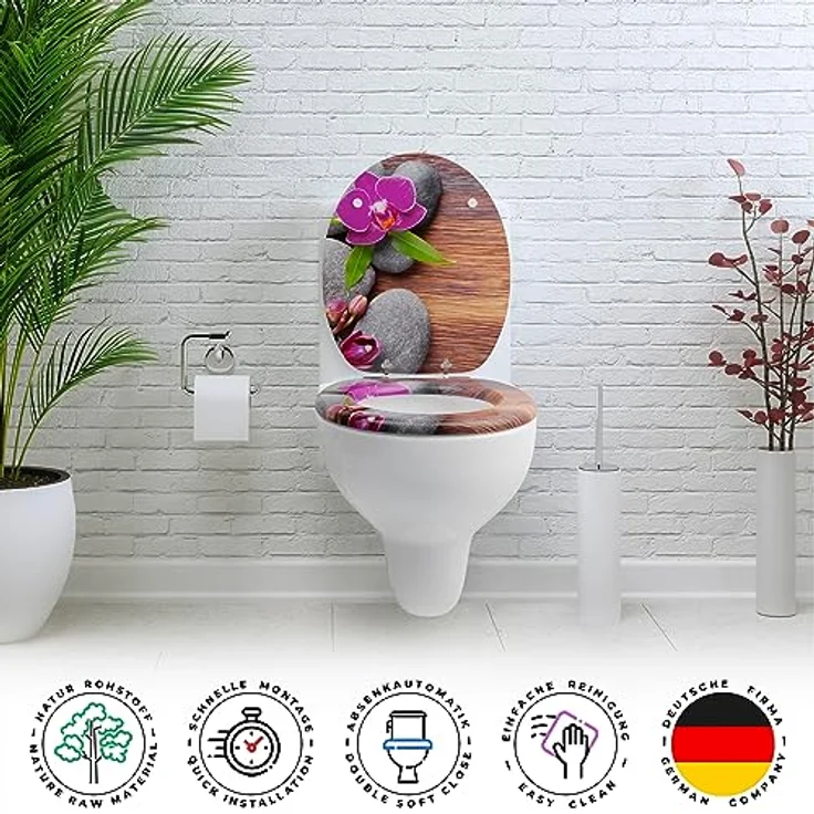 Sanfino WC Sitz Orchid, Toilettendeckel aus Holz mit Absenkautomatik, braun mit Motiv – Bild 4