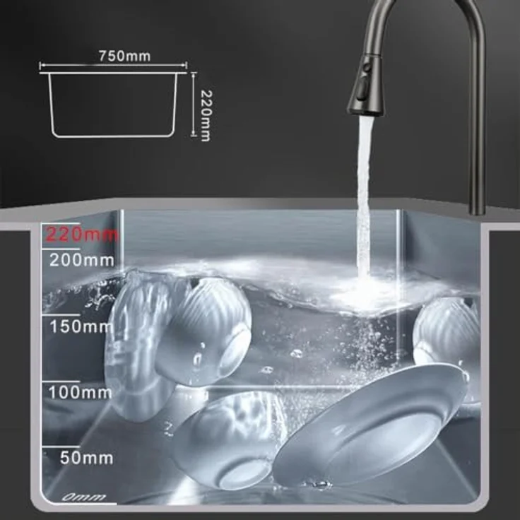 Faizee Home Edelstahlspüle Schwarz 75x46 cm, Wasserfall Küchenspüle mit 4-fach Multifunktionsarmatur und Siphon Set – Bild 5