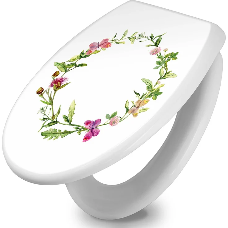 Banjado Toilettendeckel Aquarell Blumenring, WC-Sitz mit Absenkautomatik, Soft Close, hygienischer Duroplast, leichte Montage, Weiß, 44,5x37x5cm