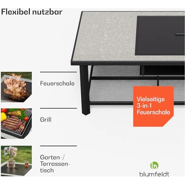 Blumfeldt Merano Avanzato Feuerschale mit Grillrost, 3-in-1 Feuertisch, 122x87 cm, Terrazzo-Tischplatte, Schwarz – Bild 3