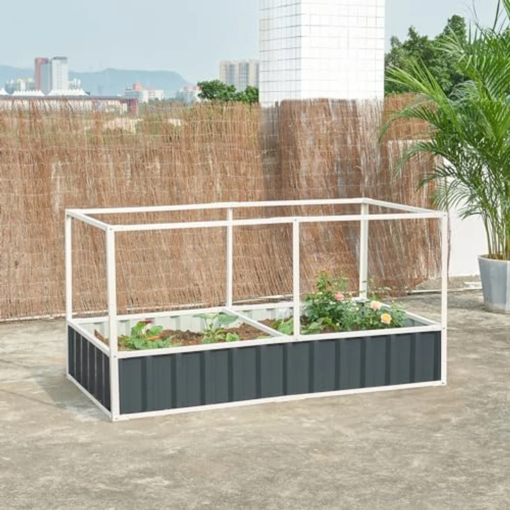 [en.casa] Hochbeet Alblasserdam Anthrazit mit Netz Abdeckung - 174 x 90 x 88 cm, Metall Gartenbeet mit Handschuhe Gewächshaus für Kräuter und Gemüse – Bild 2