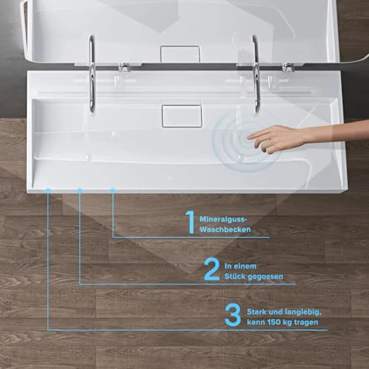 doporro Aufsatzwaschbecken Waschbecken Col19 Gussmarmor inkl. Ablaufgarnitur, Eckig, Hahnlöcher - Hochwertiges Design aus Gussmarmor, einfache Montage, Nano Beschichtung - Weiß – Bild 2