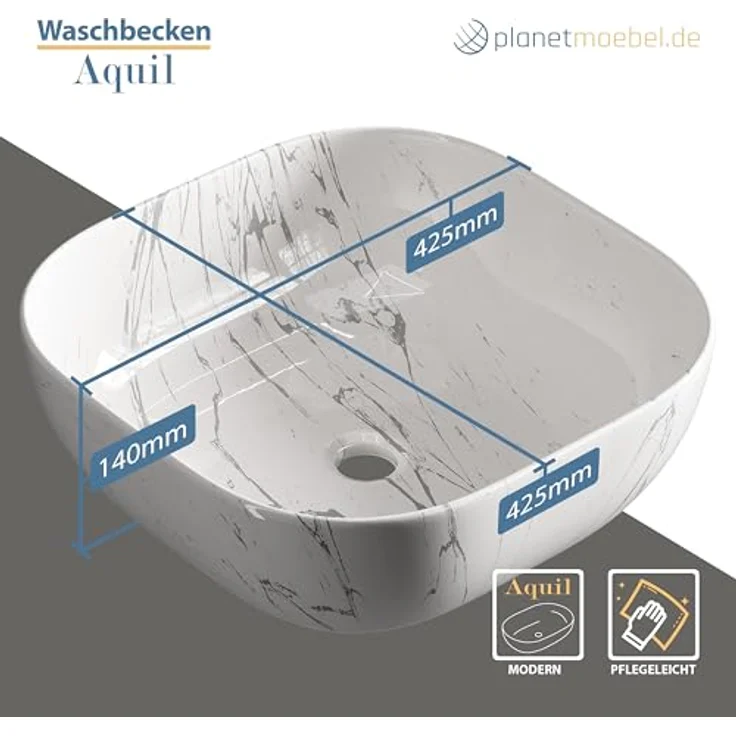 Planetmöbel Aufsatzwaschbecken Aquil, Keramik Waschbecken 42 cm, marmor weiß, quadratisch, ohne Hahnloch und Überlauf – Bild 5
