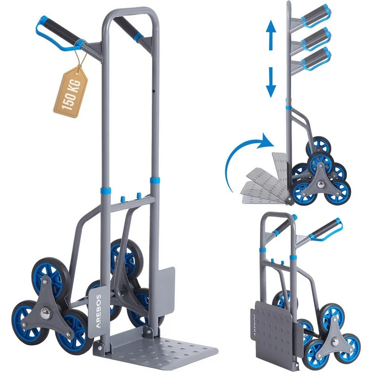 Arebos Treppensackkarre Transportkarre 150kg Treppensteiger Stappelkarre, Höhenverstellbar: 74 - 109 cm, Anthrazit - Preisvergleich – Bild 1