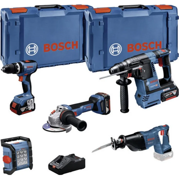 Bosch Professional GSB+GBH+GWS+GSA+GLI 0615A5007S Werkzeugset, 5-teiliges 18V Combo Kit mit Akku-Schlagbohrschrauber, Bohrhammer, Winkelschleifer, Säbelsäge und Bauleuchte, inkl. 3x 5.0Ah Akkus und Schnellladegerät