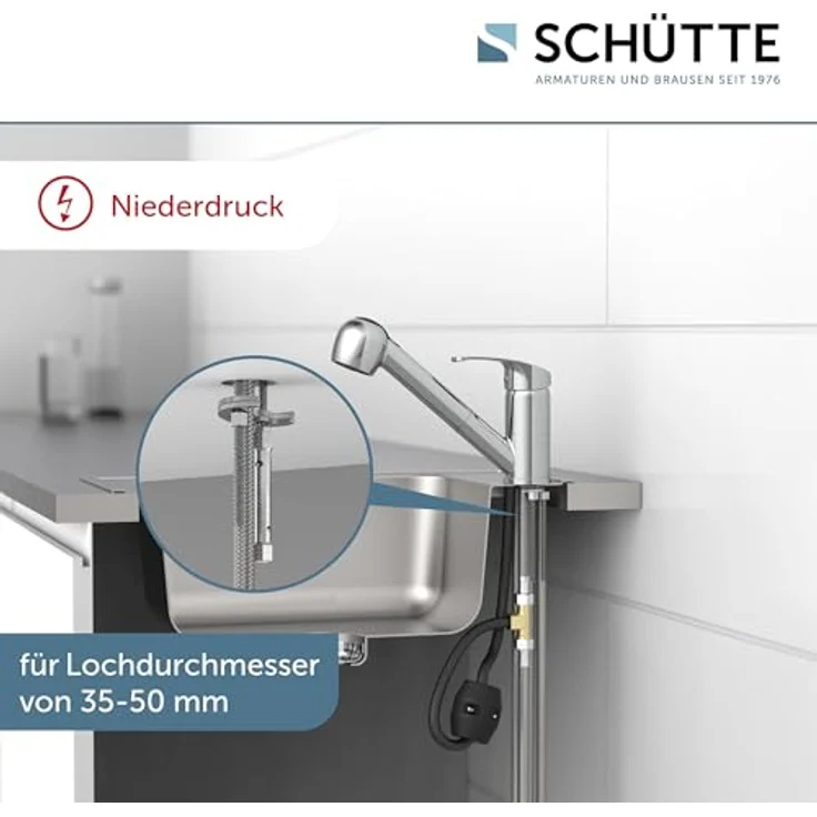 SCHÜTTE DIZIANI Niederdruck Spültischarmatur mit herausziehbarer Geschirrbrause, Einhebelmischer, 90° schwenkbar, Chrom – Bild 3