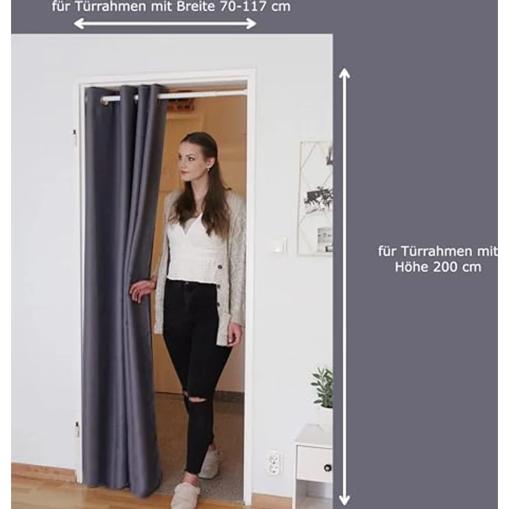 tinycurtains, Türvorhang mit Teleskopstange, einfache Montage in nur 1 Minute ohne Bohren (Türvorhang grau + Stange Silber, Vorhang 200 x 150 cm (HxB); Stange 70-120 cm) – Bild 2