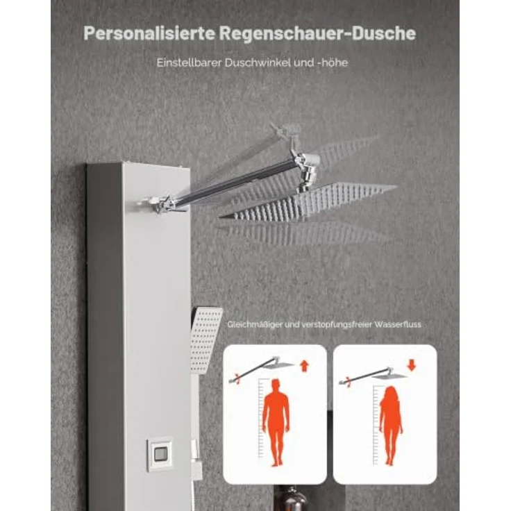 VEVOR Duschpaneel-Turmsystem mit Regenwasserfall-Duschkopf, 124 cm Duschsäule aus gebürstetem Edelstahl, mit Handbrause & 6 Massagedüsen, LCD-Temperaturanzeige – Bild 4