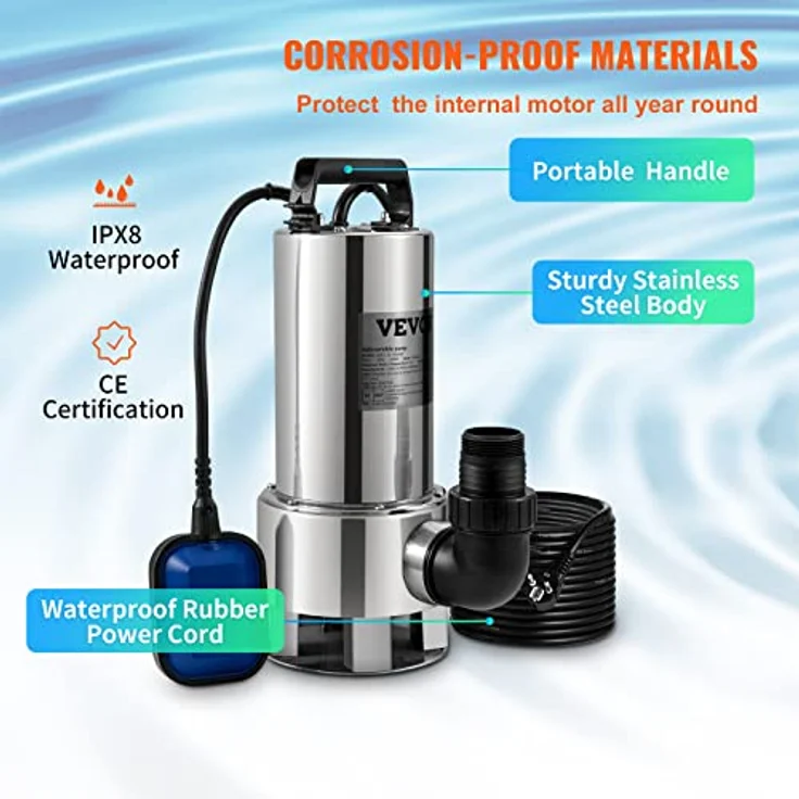 VEVOR Tauchpumpe 1300W Schmutzwasserpumpe 230V Gartenpumpe Durchfluss 20000L/h Schmutzwassertauchpumpe max. Hub 11m IPX8 Ideal zum Pumpen von Wasser aus Schwimmbädern Kellern Teichen – Bild 4