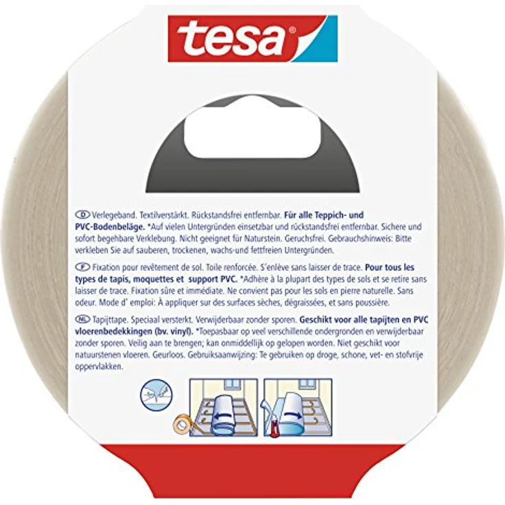 tesa Verlegeband rückstandsfrei entfernbar - Gewebeverstärktes, doppelseitiges Klebeband zum Verkleben von Teppich- und PVC-Bodenbelägen - 25 m x 50 mm – Bild 2