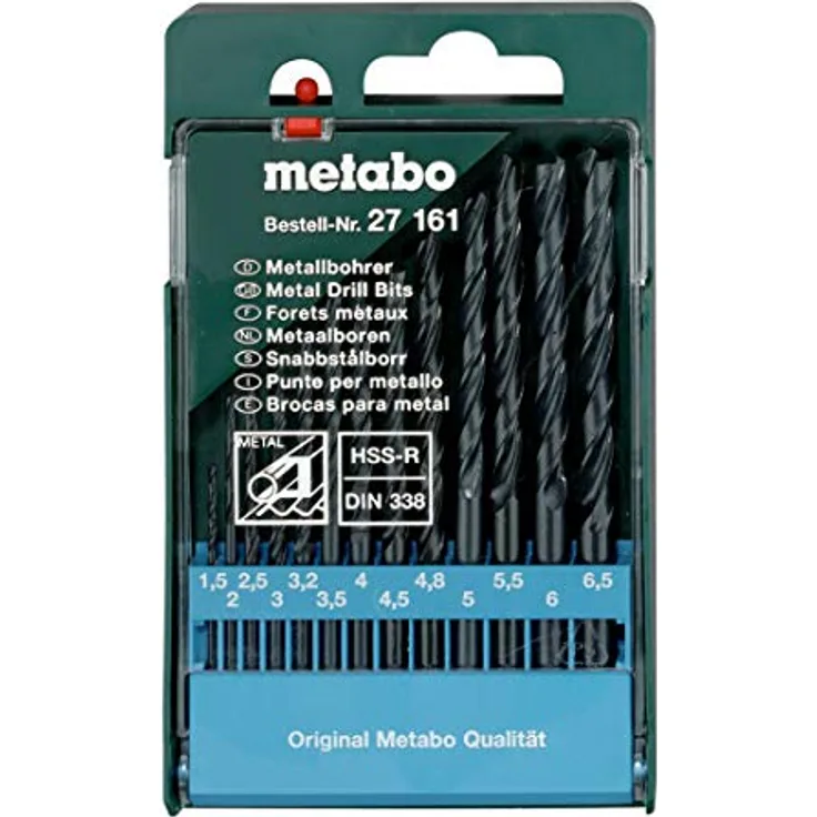 Metabo 627161000 Metall-Spiralbohrer-Set, 13-teilig, HSS-R-Bohrer für Stahl und NE-Metalle, schwarz