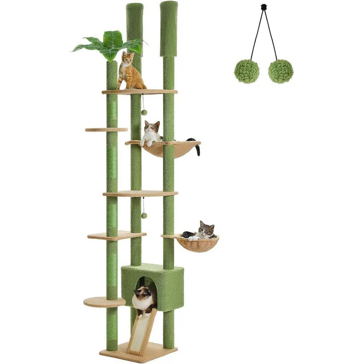 PurpurRain Kratzbaum Höhenverstellbar mit Blättern/Champignon, Hängematte, 135/230 cm, Dekoratives Baum-Design, für Haushalte mit mehreren Katzen, stabil ohne Bohren, grün