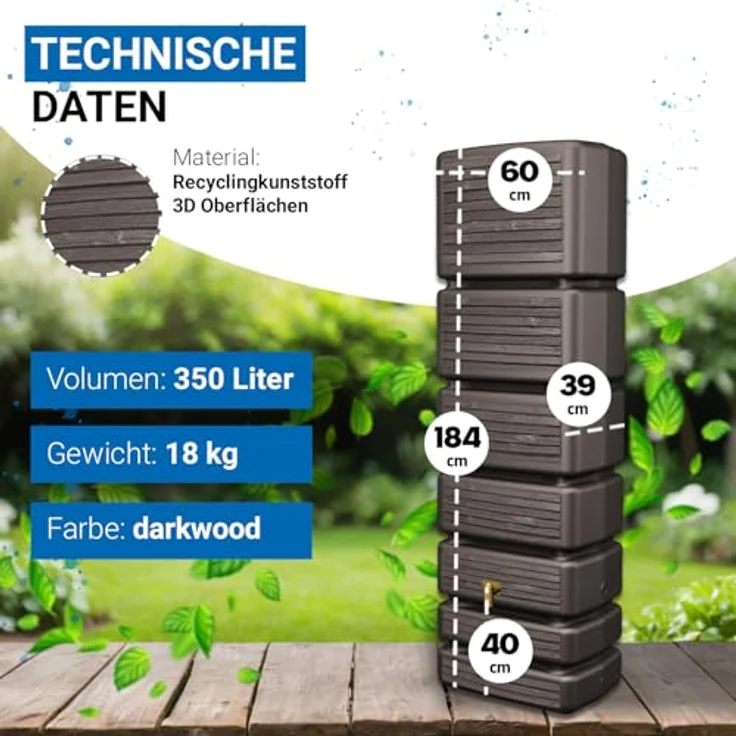 4rain Regentonne Slim Wandtank sandbeige, 350 Liter, Holzoptik, UV-stabil, Made in Germany – Bild 4