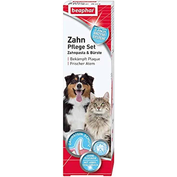 BEAPHAR - Zahnpflege Set Für Hunde Und Katzen - Doppelkopfzahnbürste Und Zahnpasta - Bekämpft Plaque Und Zahnstein - Mit Leber-Geschmack - Ohne Fluoride - Set mit 1 Zahnbürste + 100 g Zahnpasta – Bild 1