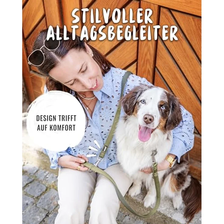 Rudelkönig Führleine Bella, 2,30m verstellbare Hundeleine für mittelgroße & große Hunde, weiche Khaki Lederleine aus Neopren & Nylon – Bild 5