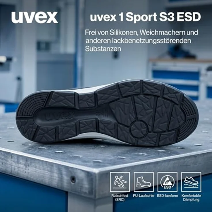 Uvex uvex 1 sport Halbschuh S3L SRC Arbeitsschuh, atmungsaktives Hightech-Mikrovelours, schwarz – Bild 7
