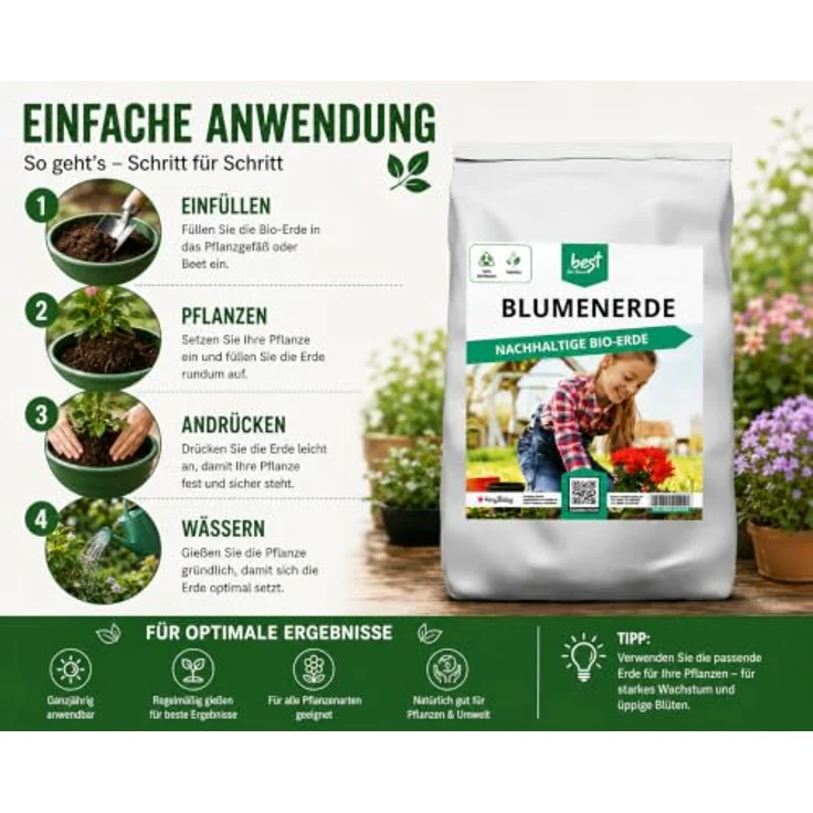 Best for Home Bio-Erde, Bio-Blumenerde torffrei für Zimmer- & Balkonpflanzen, nährstoffreiche Mischung, 20L oder 50L – Bild 3