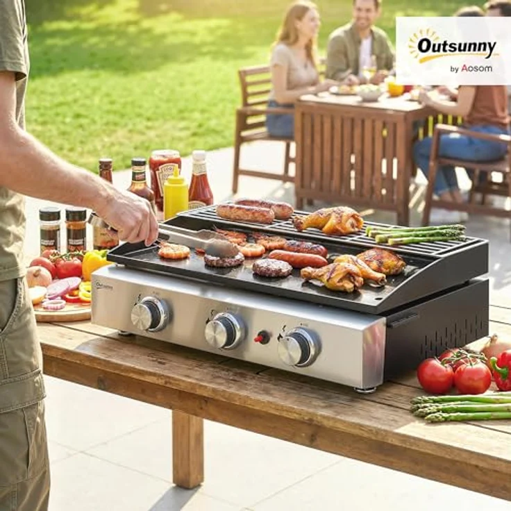 Outsunny Gasgrill 7,5 KW Tragbarer Tischgrill mit 3 Edelstahlbrennern, emaillierter Grillplatte, herausnehmbarem Fettauffangbehälter und Warmhalterost für Garten und Balkon – Bild 2