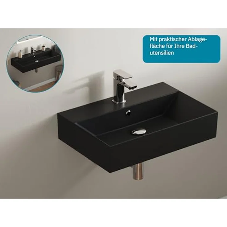 Aqua Bagno | Eckiges Waschbecken mit dünnem Rand, schwarz matt, Aufsatzwaschbecken, hochwertige Keramik | 600 x 420 mm – Bild 4