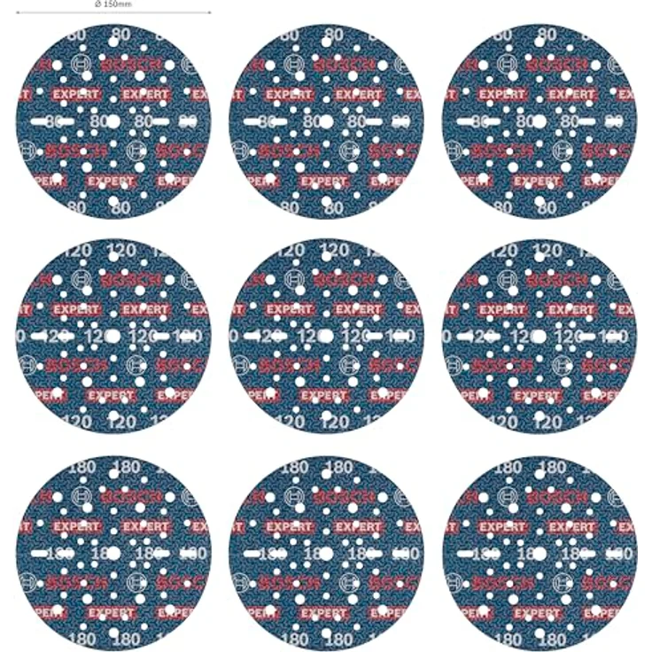 Bosch 9x EXPERT O780 Folienschleifscheiben-Set, 150 mm, 9‑tlg. für Hartholz, Farbe auf Holz, Ø 150 mm, Körnung 3x80, 3x120, 3x180, Professional Zubehör Exzenterschleifer – Bild 3