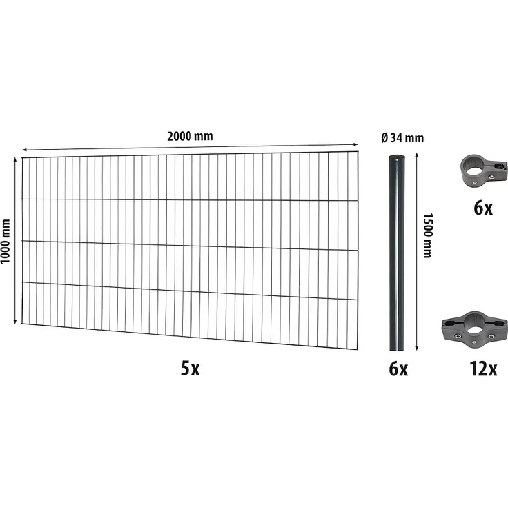 JUNGELMAR Classic ES-Mattenzaun-Set 1000 L=10 m, anthrazit, Einstab-Mattenzaun mit Rundpfosten und Zubehör