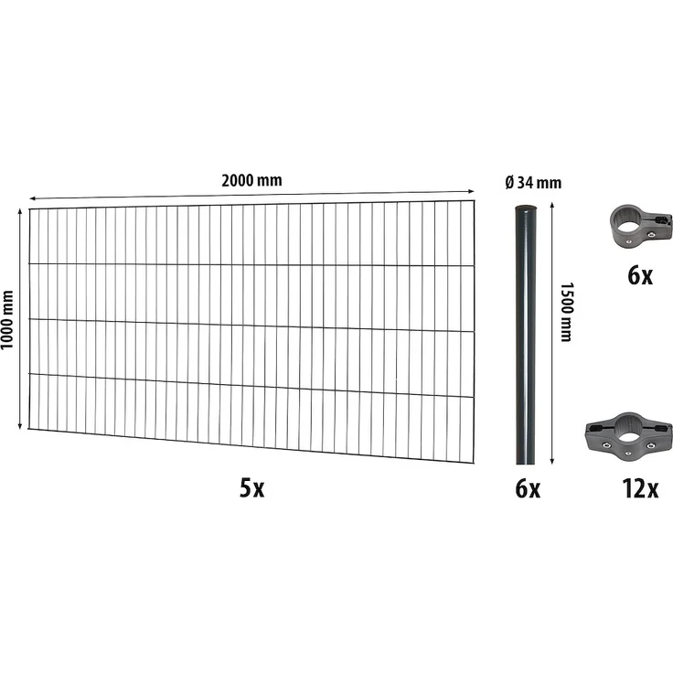 JUNGELMAR Classic ES-Mattenzaun-Set 1000 L=10 m, anthrazit, Einstab-Mattenzaun mit Rundpfosten und Zubehör