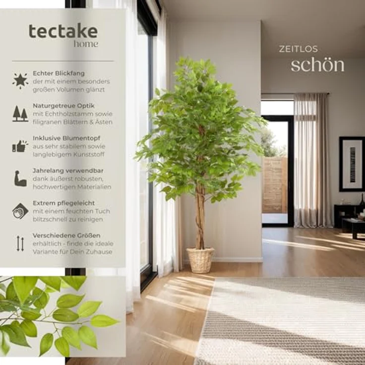 tectake® Ficus künstliche Zimmerpflanzen, Kunstblumen wie echt, Deko für Wohnzimmer, Küche, Badezimmer, Schlafzimmer - 160 cm, naturgetreues Blattwerk, pflegeleichte Fake Plant – Bild 2