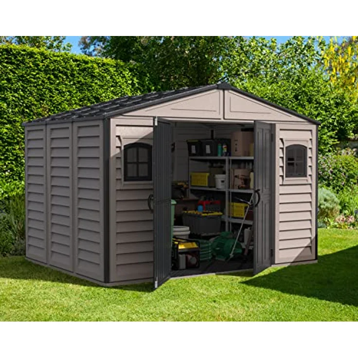 Duramax WoodBridge II PLUS 10.5 x 8 (7.64 m²) Kunststoff gerätehaus mit Metallfundamentset und 2 festen Fenstern, wartungsfreie und robuste und Dachstruktur aus Metall, Gerätehaus, Dunkelgrau/Adobe5 – Bild 3