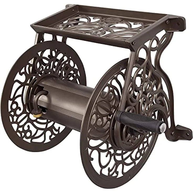 Liberty Garden 704 Gartenschlauchtrommel, dekorativ, Aluminiumguss, Wandhalterung, hält 125 Fuß von 1,6 cm (5/8 Zoll) Schlauch, Bronze – Bild 1