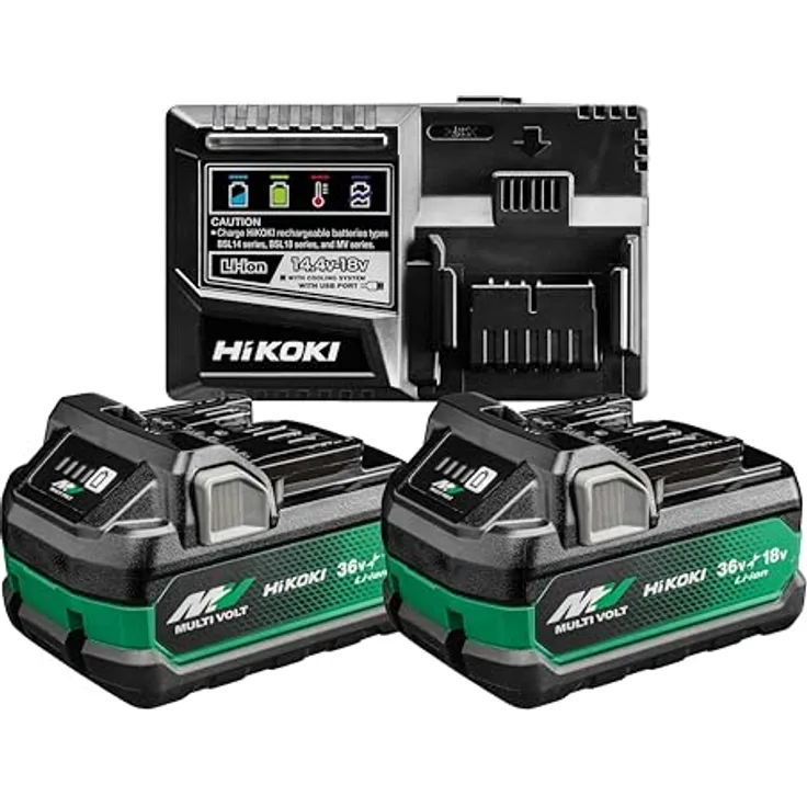 HIKOKI Booster Pack BSL36A18X, 2X 18V 5.0 Ah / 36V 2.5 Ah Akku, mit Ladegerät, Li-Ion, 4-Stufen-LED Ladestandskontrolle, 32 min Ladezeit
