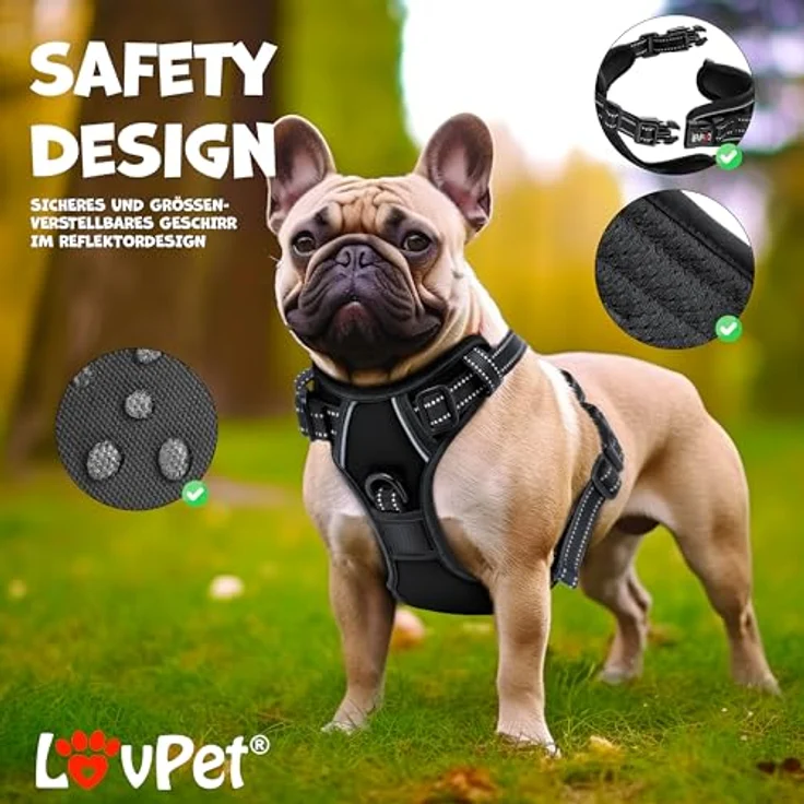 Lovpet Hundegeschirr ohne Zug & würgen für mittelgroße Hunde atmungsaktiv & weich Brustgeschirr reflektierend | No-Pull-Geschirr inkl. Beutelrollen | Verstellbares Geschirr mit Griff Schwarz M – Bild 2
