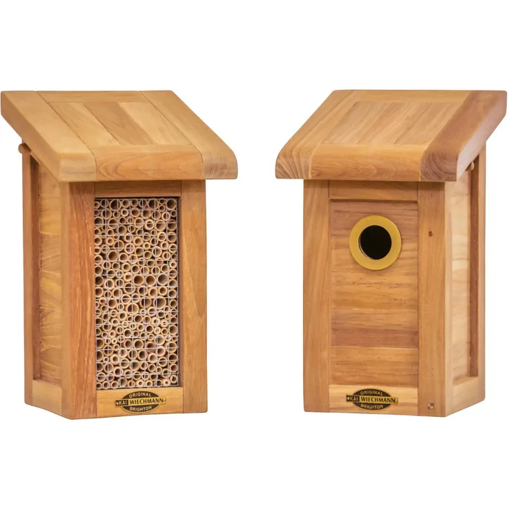 Kai Wiechmann Nistkasten Premium Teak Set für Bienen & Gartenvögel, unbehandeltes Teakholz, abnehmbare Dächer