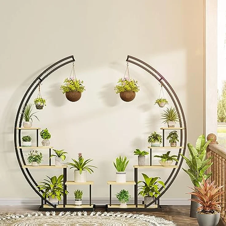 Ribelli 5-stufiger Metall-Pflanzenständer in Halbmondform 172cm, Pflanzenregal mit 5 Ablagen & Haken, Hoch Blumenständer Pflanzentreppe mit Kippschutz für Balkon Wohnzimmer Terrasse (1 Stück, Braun) – Bild 3