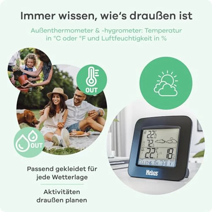 Mebus Funk-Wetterstation, digitales Innen- und Außenthermometer mit Hygrometer, Wettervorhersage und Mondphasenanzeige, schwarz – Bild 3