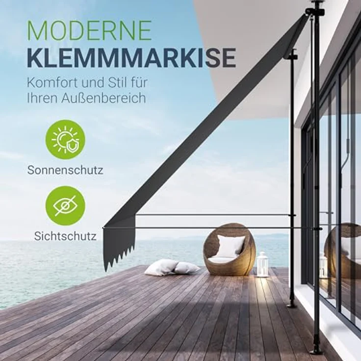 Juskys Klemmmarkise Kapstadt 200x120 cm - Höhenverstellbar & UV-beständig - Balkon & Terrasse - Wetterfest & Sichtschutz - Terrassenüberdachung Grau – Bild 2