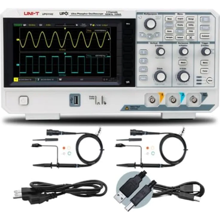 Uni-T UPO1102 Digital-Oszilloskop, 100 MHz Bandbreite, 56 Mpts Speichertiefe, mit DVM-Modul und erweiterter Triggerfunktion