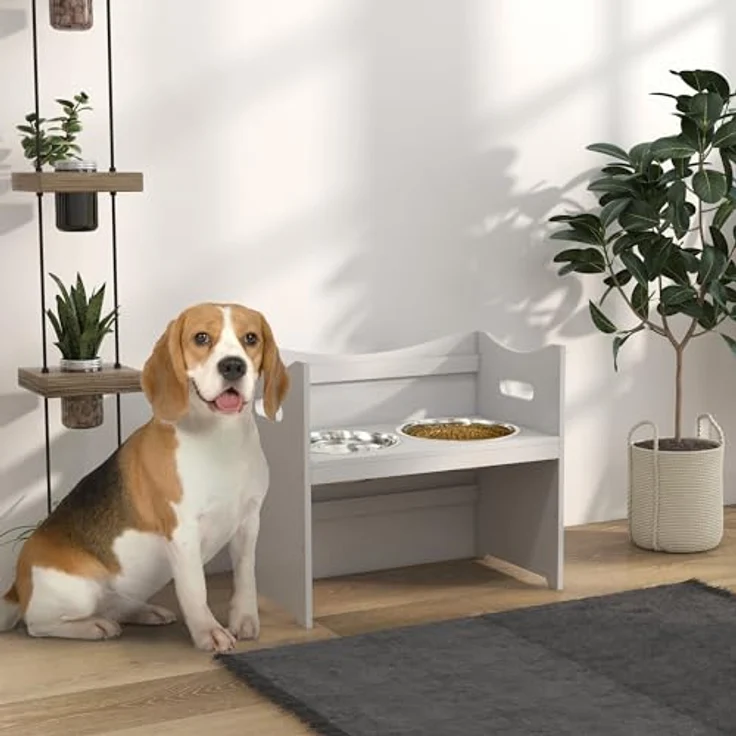 PawHut Futternapf Höhenverstellbar, Erhöhtes Futterstation mit 2L Futterschale aus Edelstahl, mit Futterständer, Griff, Hundebar für alle Hundegrößen, Weiß – Bild 2