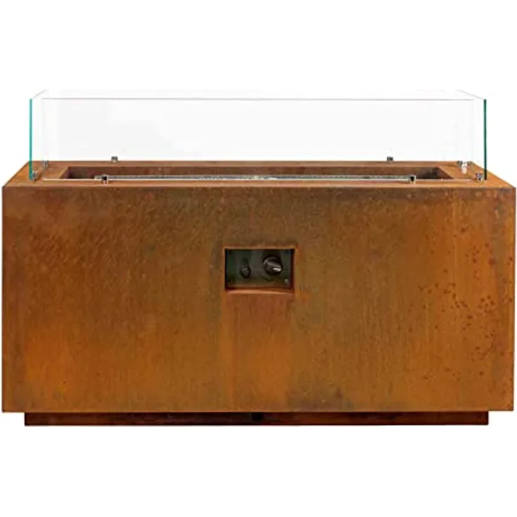 Intergrill Gasfeuerstelle Fire Pit | 125 x 50 x 81,5 cm | Feuerschale für Garten mit Lavasteinen und Glas | Cortenstahl Rostoptik
