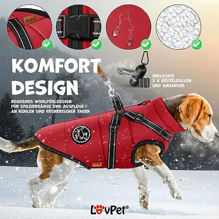 LOVPET® Hundejacke Hundemantel mit Geschirr, gefüttert und wasserdicht, 5XL, Bordeaux Rot, inkl. 45 Kotbeutel + Spender, mit reflektierenden Gurten und D-Ring – Bild 3