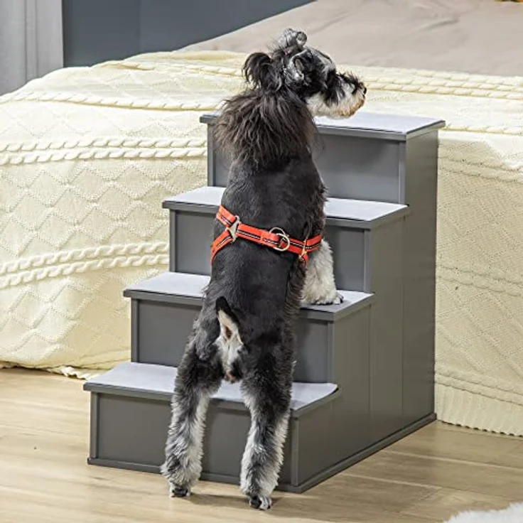 PawHut Haustiertreppe 4-stufige Einstiegshilfe mit rutschfester Matte für Auto, Bett und Sofa, grau, 40 x 59 x 54,2 cm – Bild 2