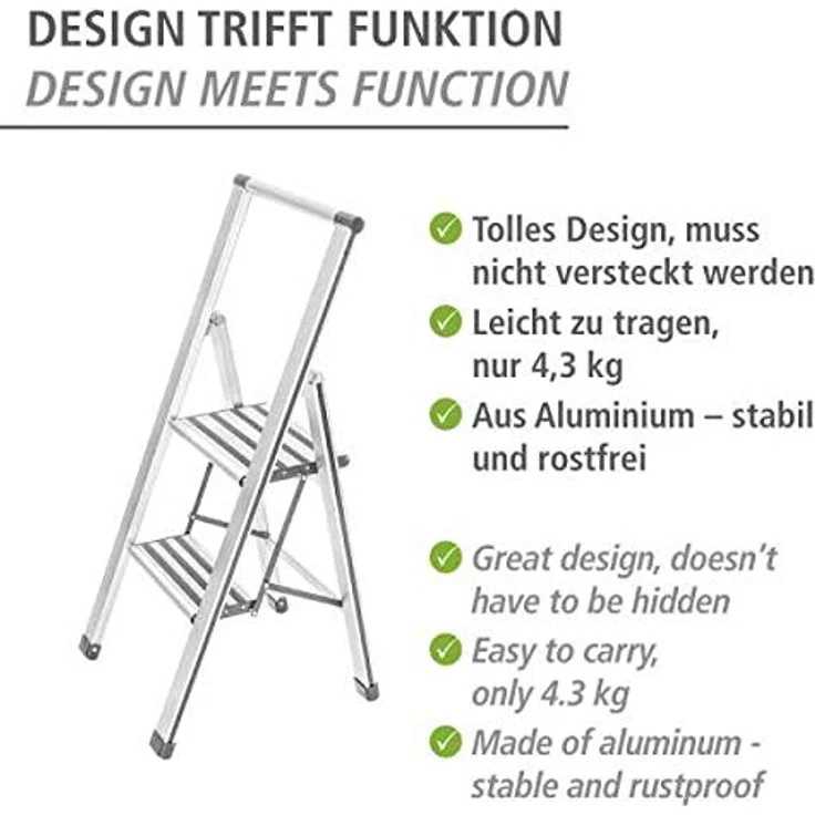 WENKO Leichte Aluminium Trittleiter mit 2 Stufen für 50 cm höheren Stand, rutschsichere XXL-Stufen, Design Klapptrittleiter mit 44 x 101 x 5,5 cm, Süd zertifiziert, weiß – Bild 3