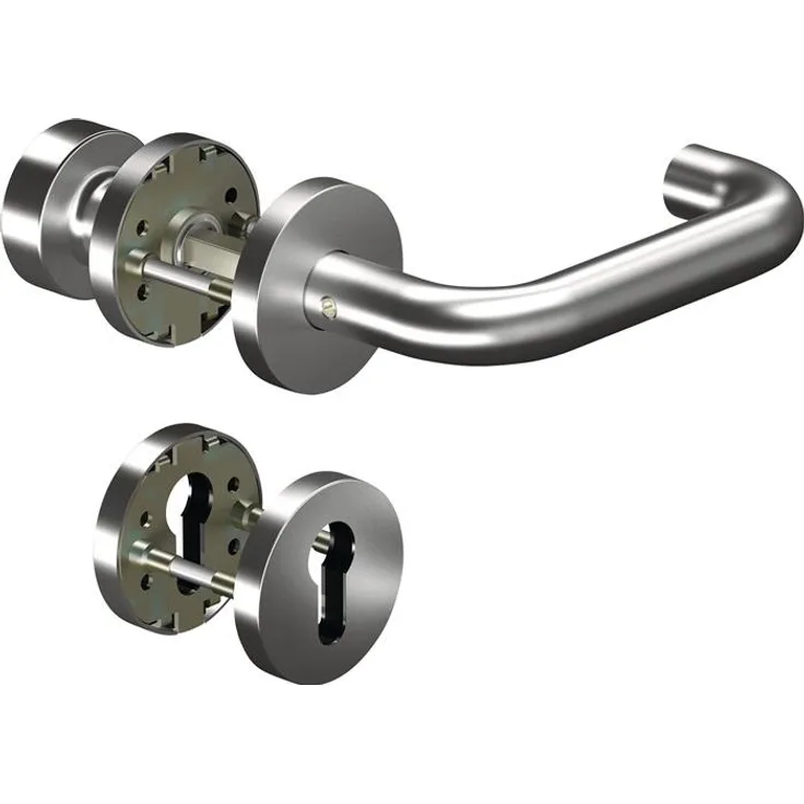 Ogro Rosettengarnitur CORE8100, Türgriff aus Edelstahl mit matter Oberfläche, wechselbare Drücker- und Knopfausstattung, für Türstärken 38-63 mm, DIN links/rechts