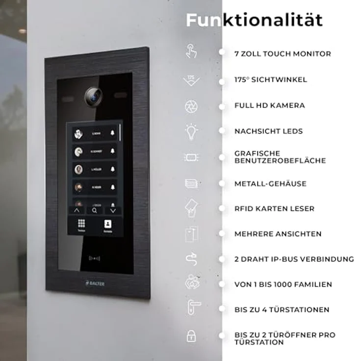 Balter EVO-HD Video Türsprechanlage mit 7 Zoll Touchscreen, Full HD Kamera, 175° Weitwinkel, Smartphone App & RFID Zugangssystem für Einfamilienhaus – Bild 3