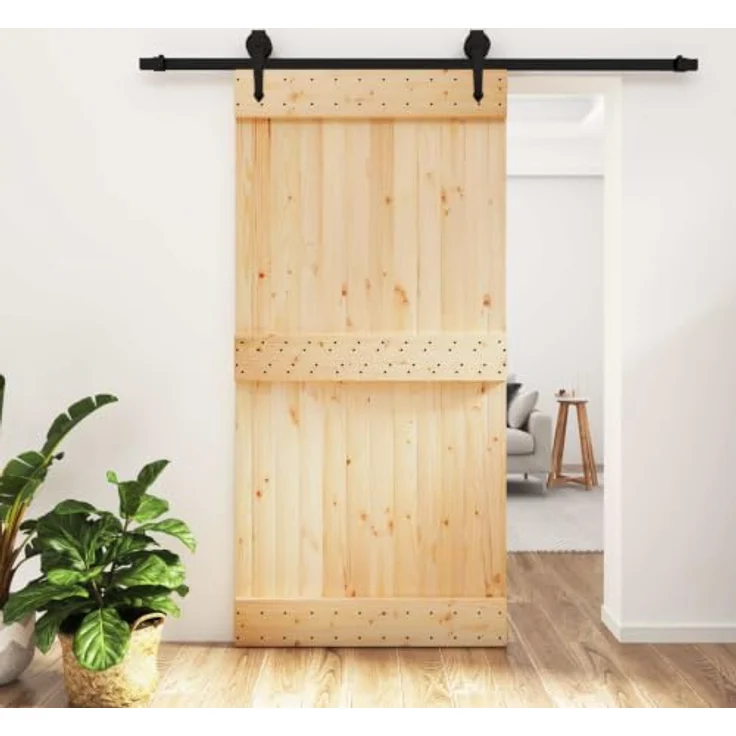 vidaXL Schiebetür Massivkiefer, 100 x 210 cm, Natürlich und Schwarz, moderne Trennwand, platzsparend, ideal als Raumteiler – Bild 2