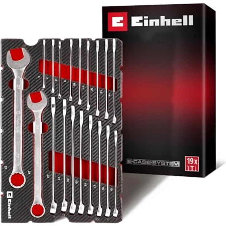 Einhell Werkzeugkoffer E-Case 370521, 19-teiliges Gabel-Ringschlüssel-Set aus Chrom-Vanadium-Stahl, Carbon-Optik – Bild 1